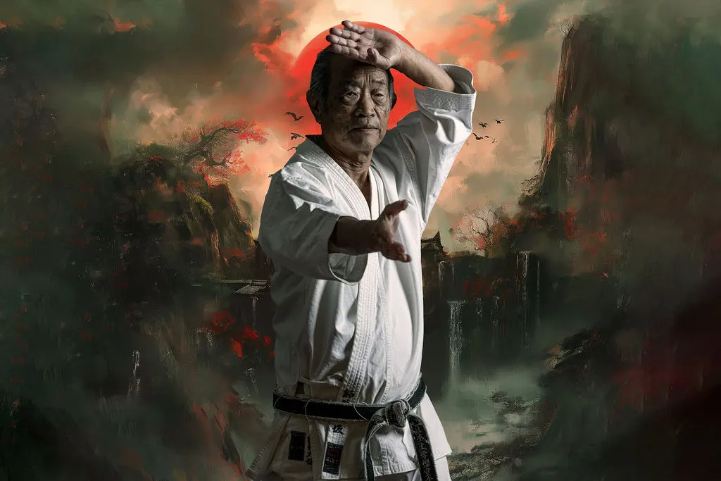 Shihan Toshio Osaka in a Wado-Ryu kata pose before a red sun and a painted mountain landscape