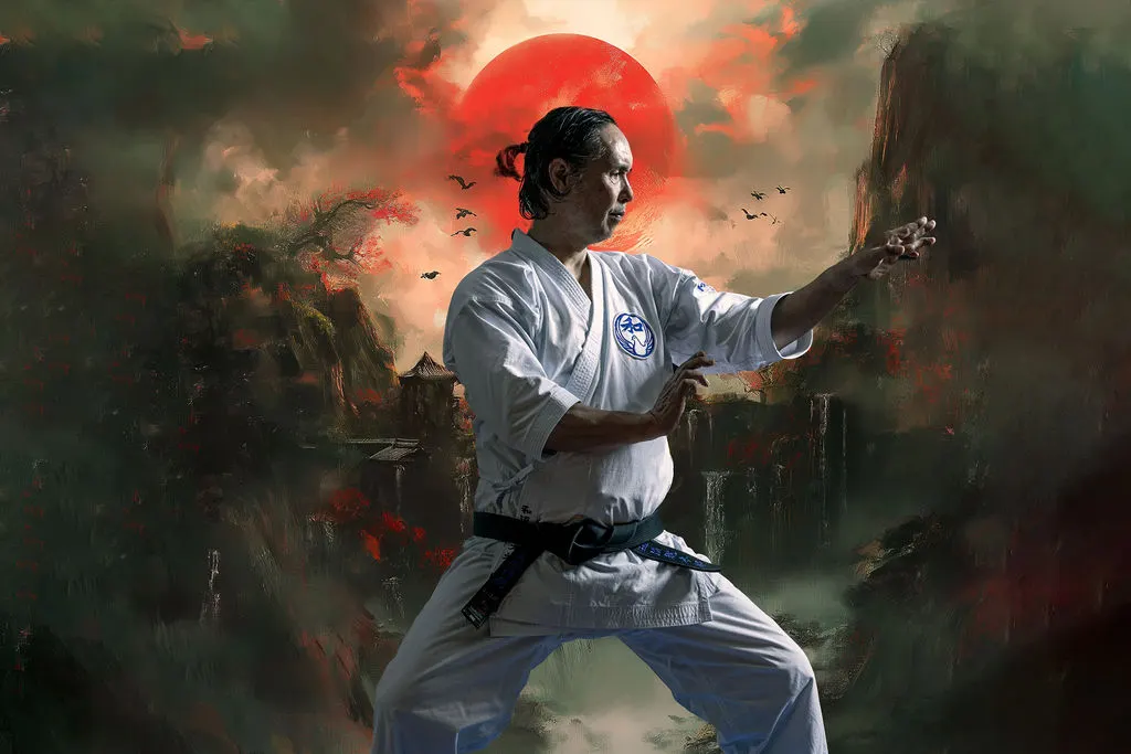 Wado-Ryu karate instructor in a side stance performing kata before a red sun